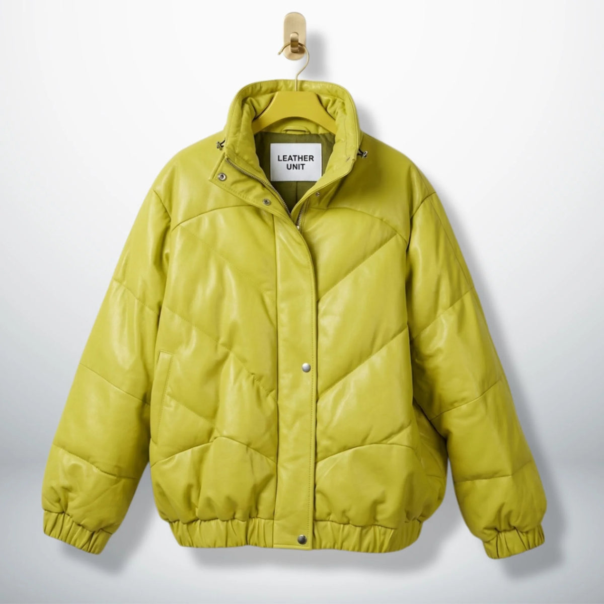 Front view of unisex neon lime puffer leather jacket by Leather Unit with high collar