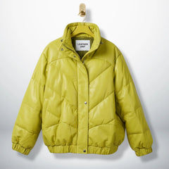 Front view of unisex neon lime puffer leather jacket by Leather Unit with high collar