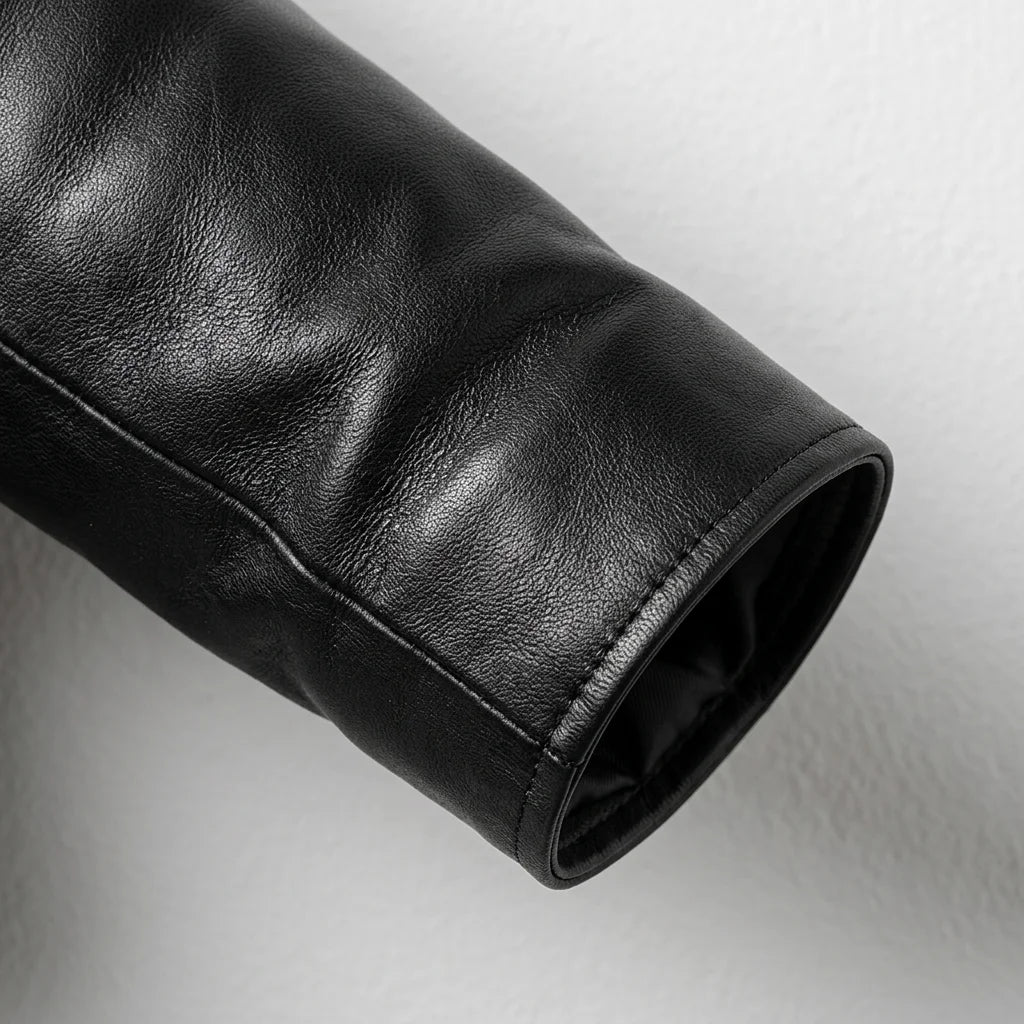 Sleeve and cuff detail of women’s black lambskin leather jacket