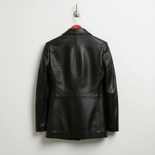 Back view of longline women’s black leather blazer jacket