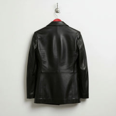 Back view of longline women’s black leather blazer jacket