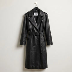 Front view of women’s long black leather trench coat by Leather Unit