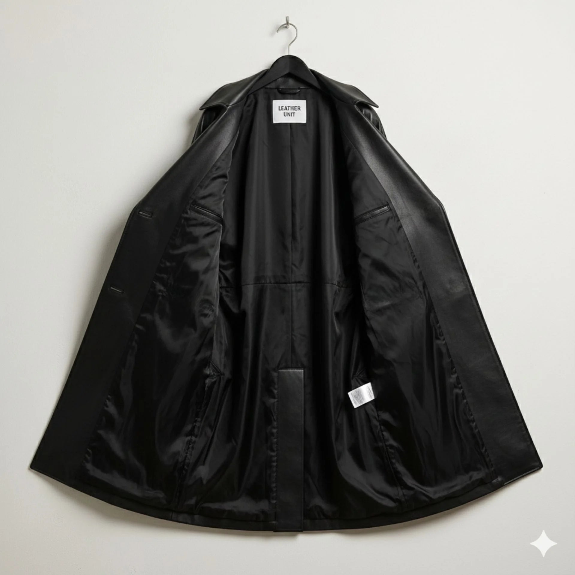 Inside view of fully lined women’s black leather trench coat