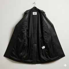 Inside view of fully lined women’s black leather trench coat