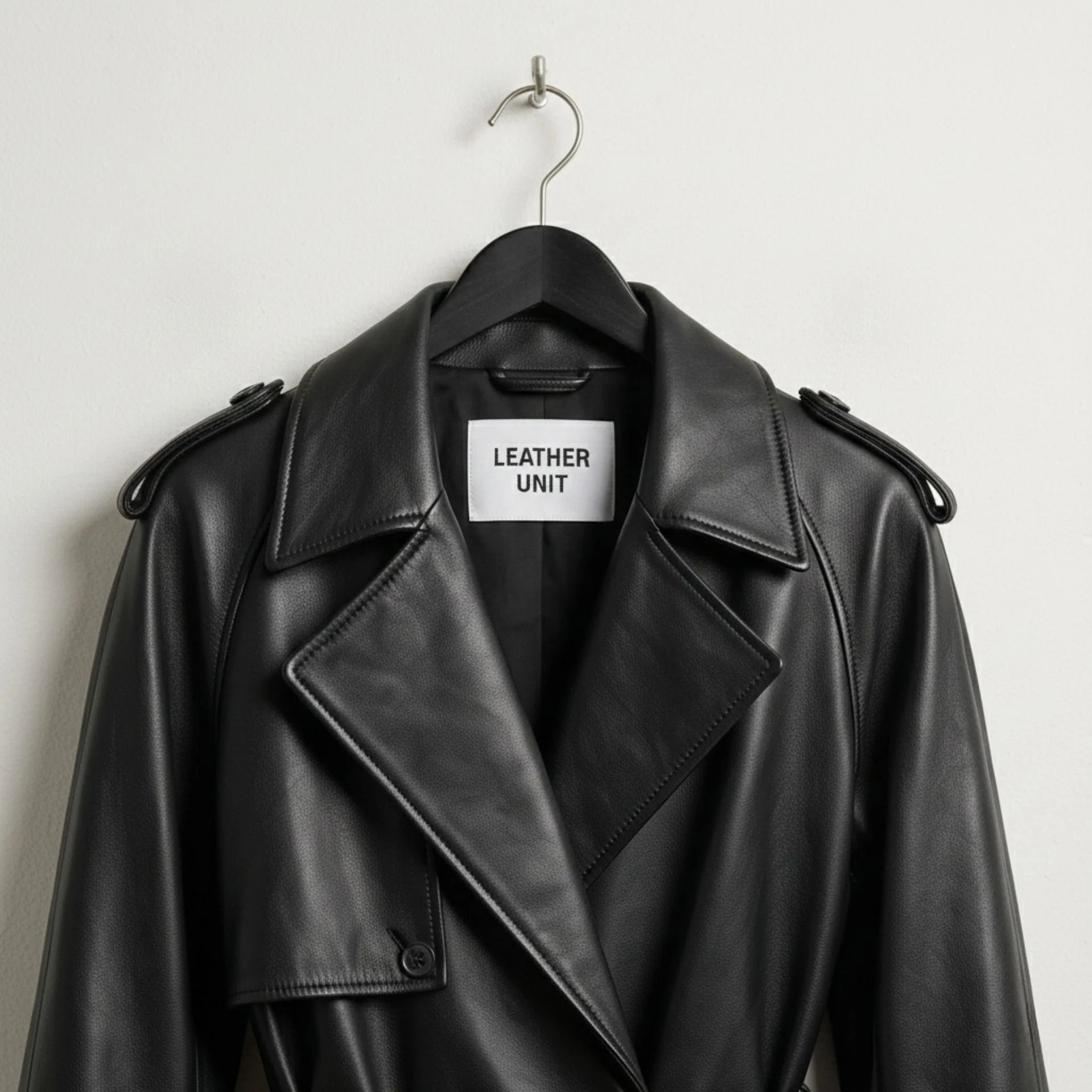 Close up of lapel collar, epaulettes and Leather Unit label on black trench