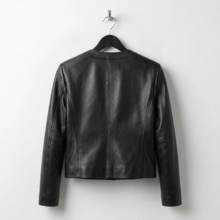 Back view of women’s black scallop edge leather jacket by Leather Unit