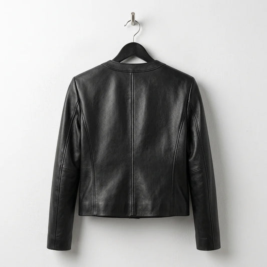 Back view of women’s black scallop edge leather jacket by Leather Unit