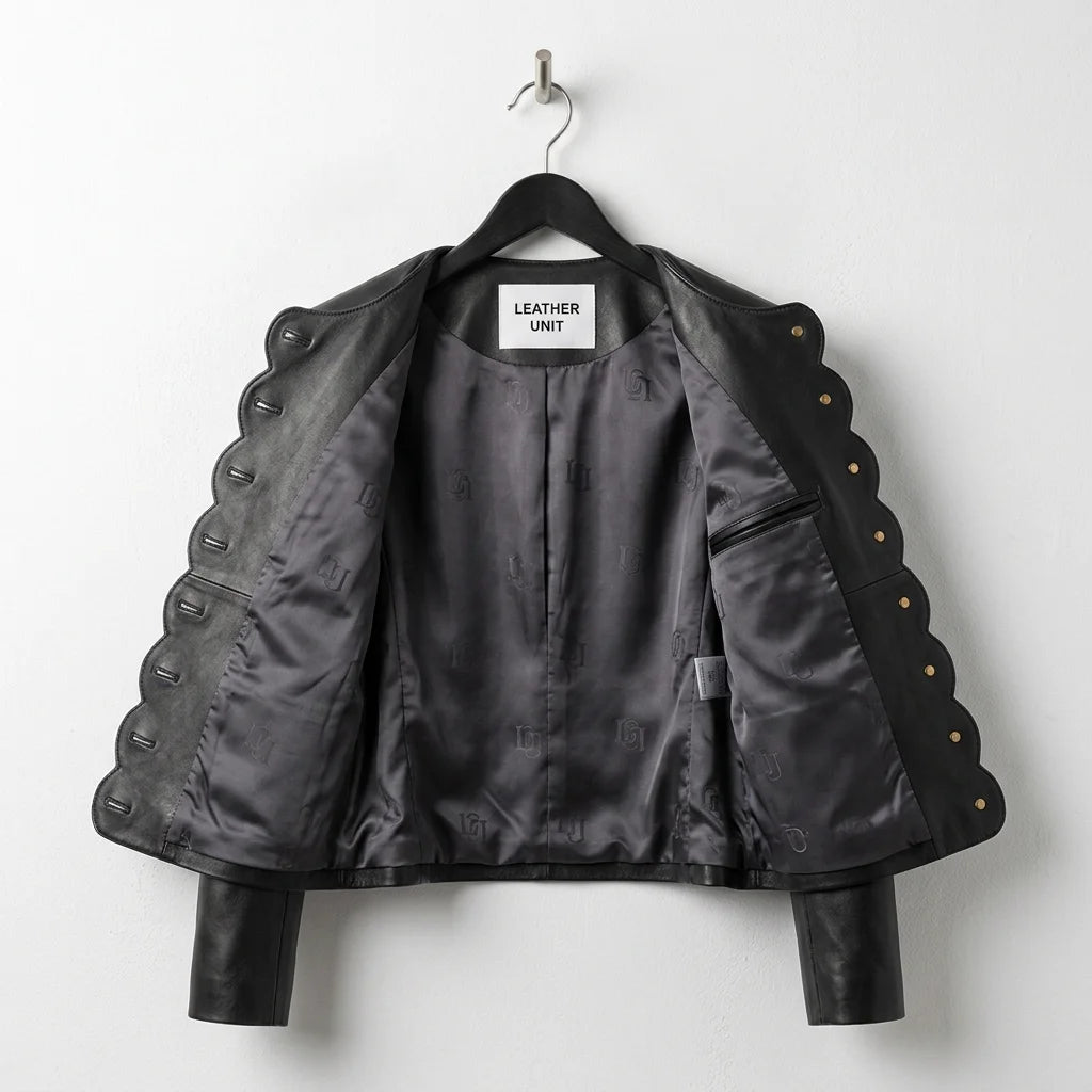 Interior lining of women’s black scallop edge leather jacket with inside pocket