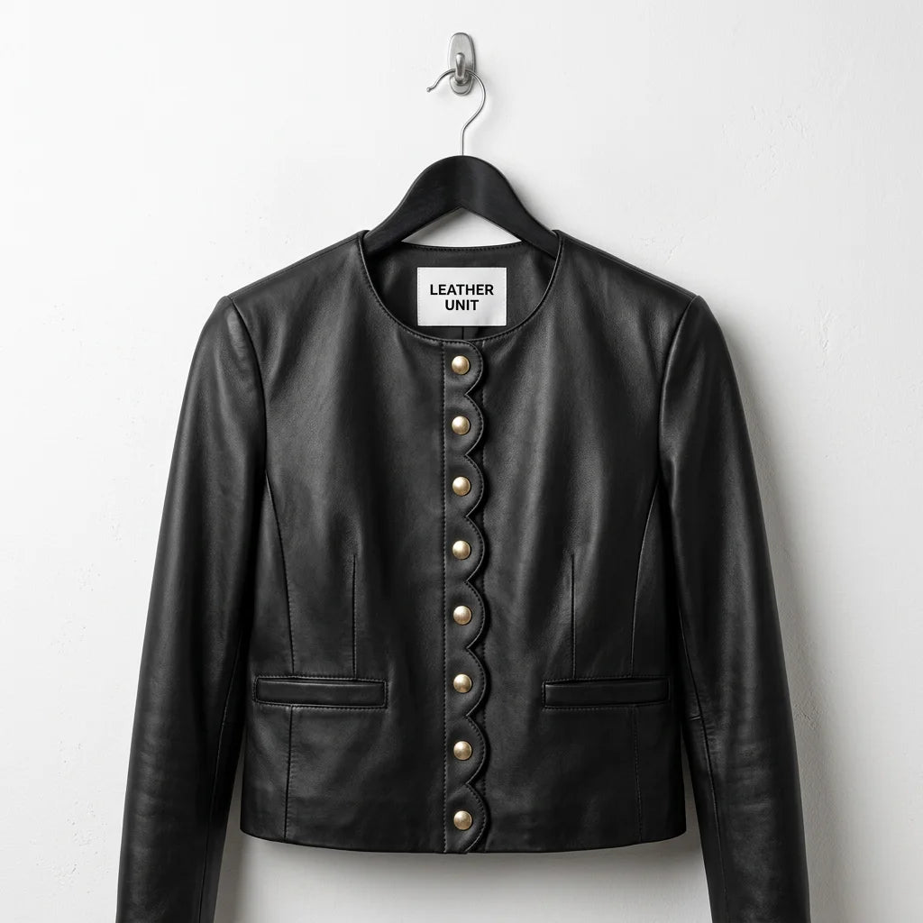 Front view of women’s black scallop edge leather jacket blazer