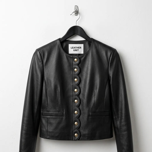 Front view of women’s black scallop edge leather jacket blazer