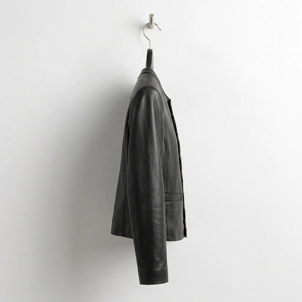 Side profile of women’s black scallop edge leather blazer