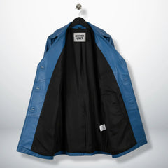 Inside view of fully lined blue waxed leather coat with black lining