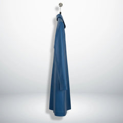 Side profile of mid‑thigh women’s blue leather coat showing slim fit