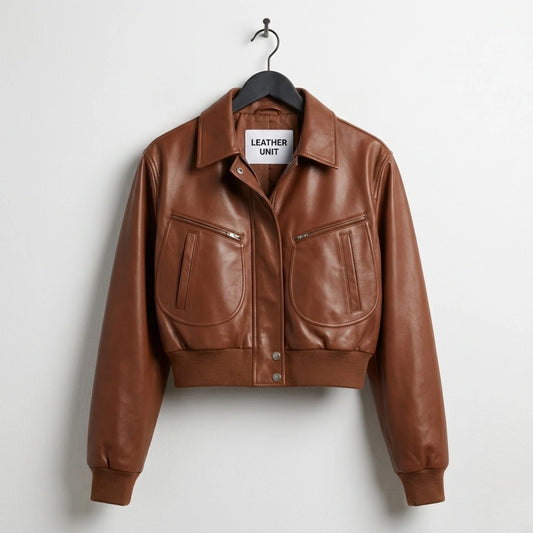 leather-unit-womens-brown-cropped-leather-bomber-pocket-zip-detail