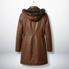 Back view of long brown leather coat with fur‑trimmed hood