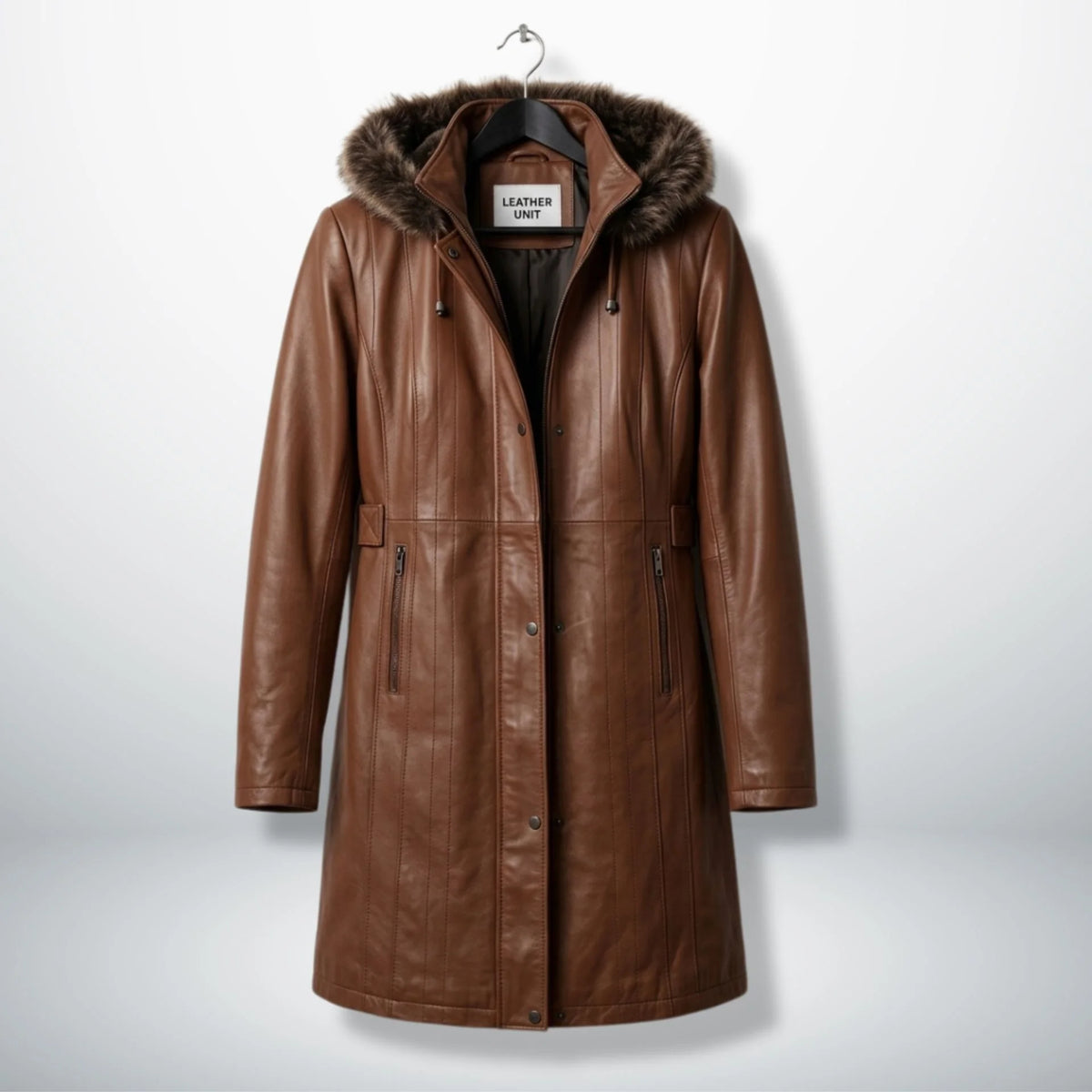 Front view of women’s brown leather hooded winter coat by Leather Unit