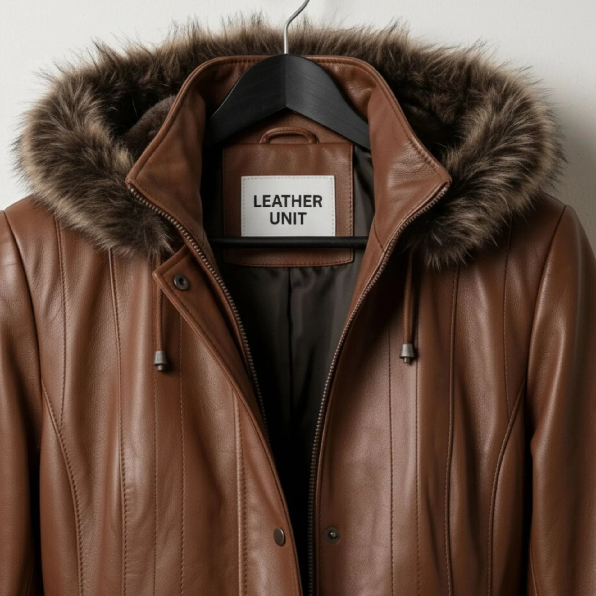Close up of fur‑trimmed hood and Leather Unit label on brown leather coat
