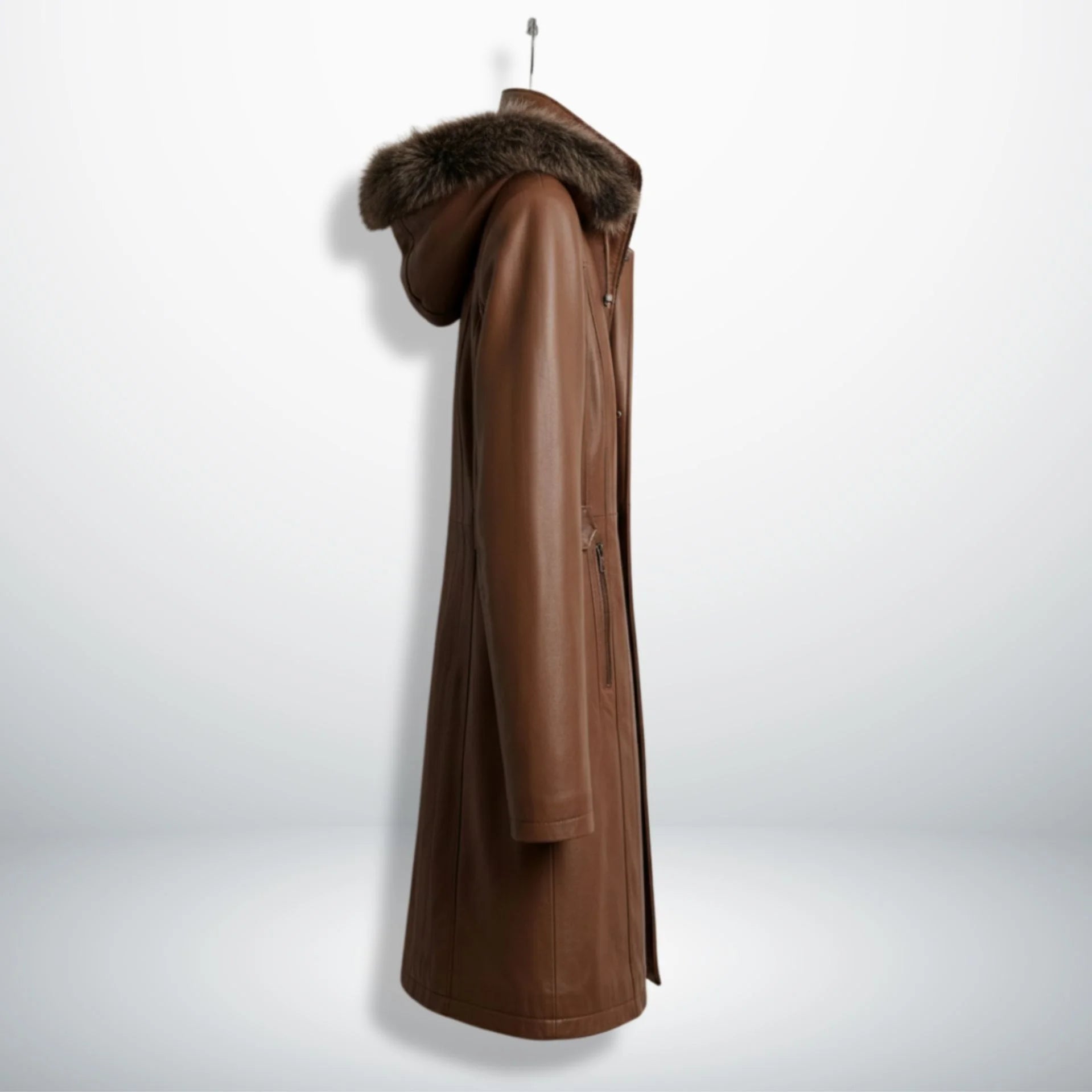 Side profile of long hooded brown leather winter coat for women