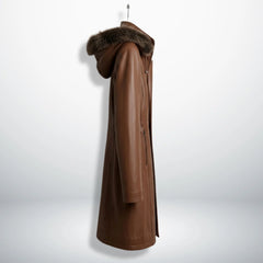 Side profile of long hooded brown leather winter coat for women