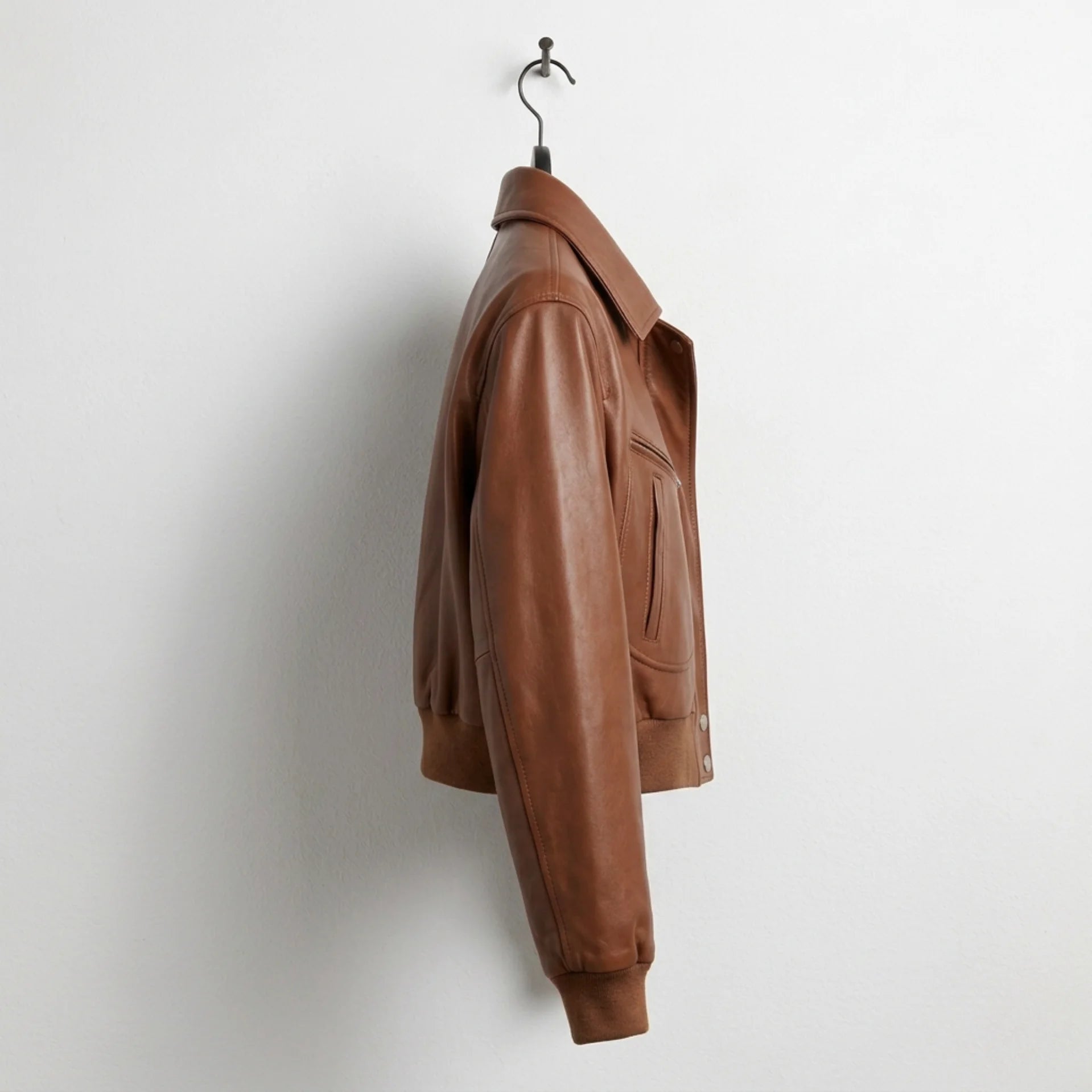 Side profile of women’s brown cropped leather bomber jacket showing shirt collar