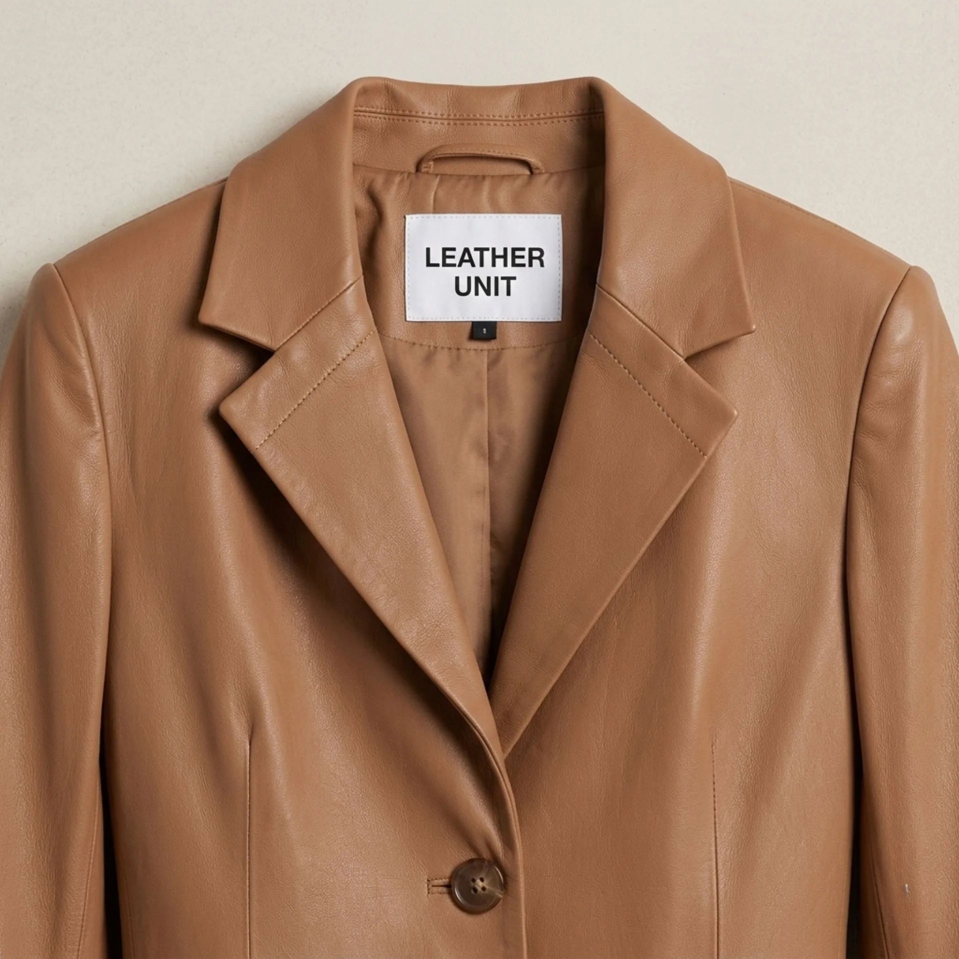 Close up of notch lapel and Leather Unit label on brown leather coat