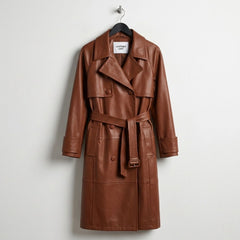 Front view of women’s double breasted brown leather trench coat by Leather Unit