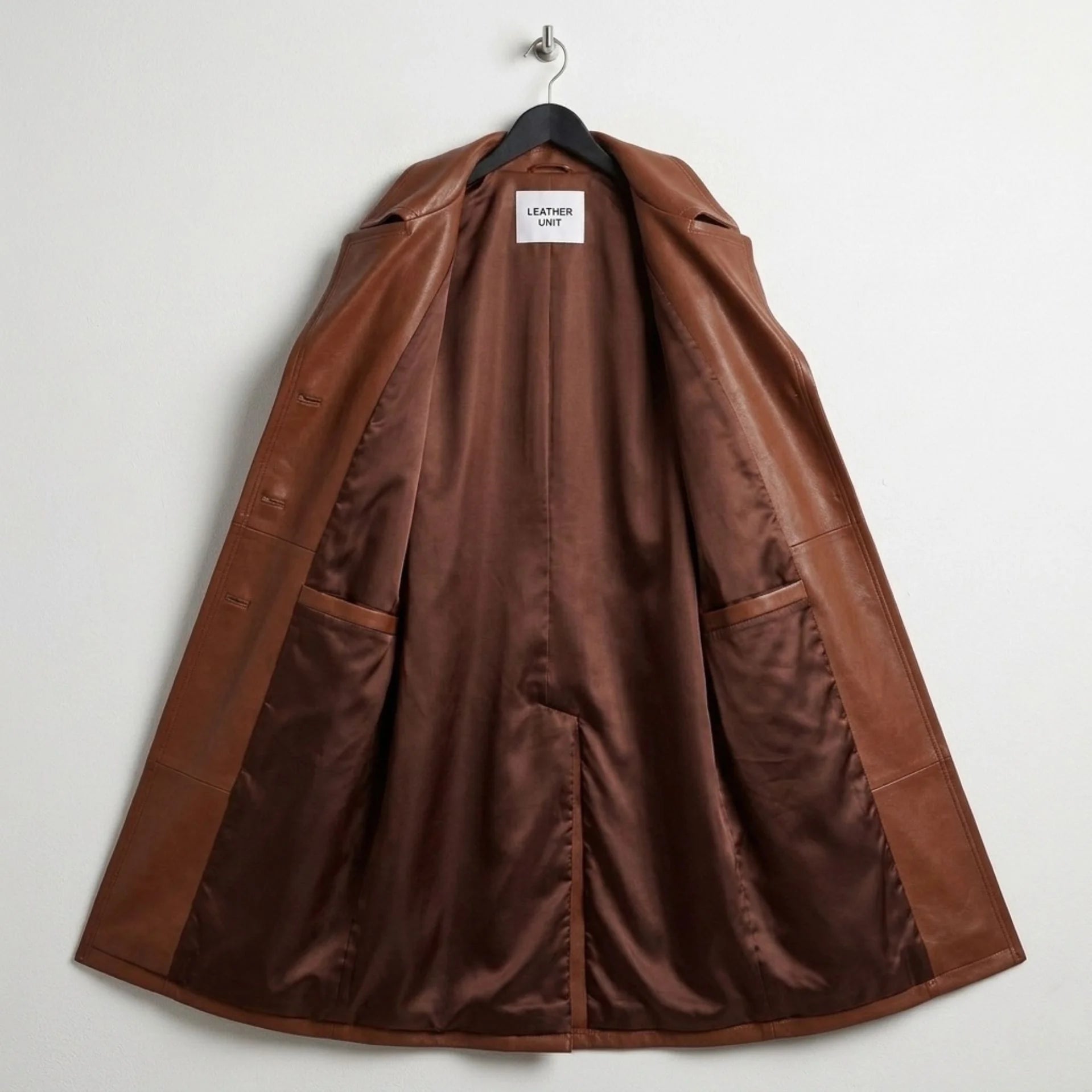 Inside view of fully lined brown leather trench coat for women