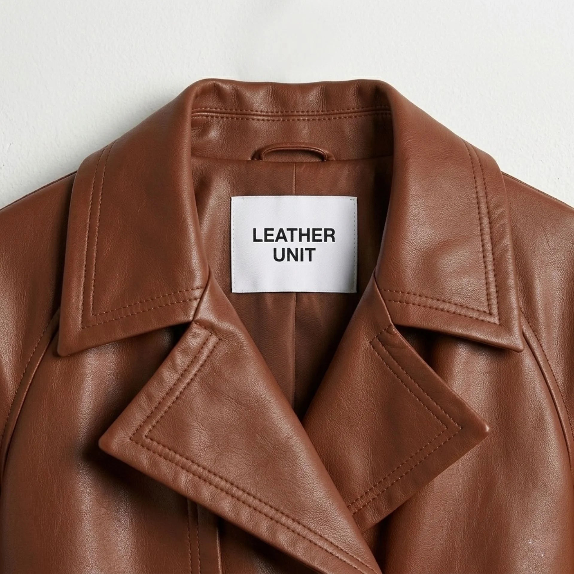 Close up of notch lapel and Leather Unit label on brown leather trench coat