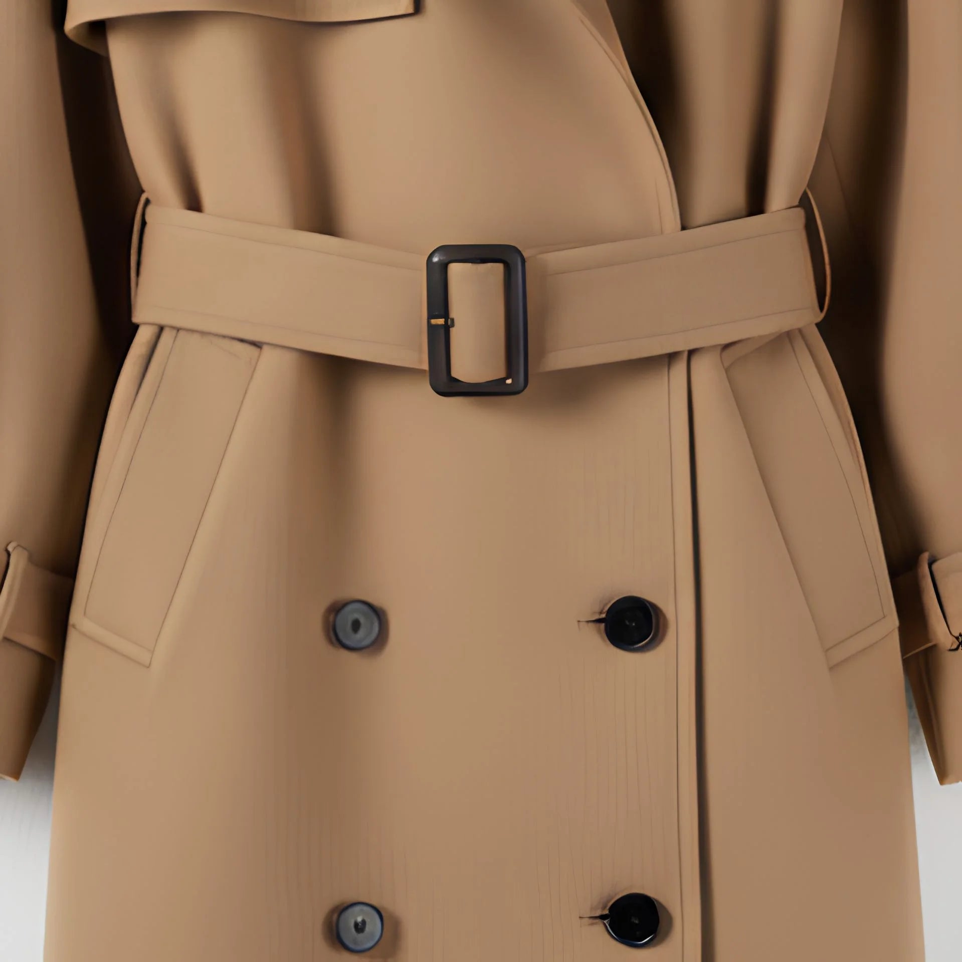 Belt and double breasted button detail on women’s beige trench coat