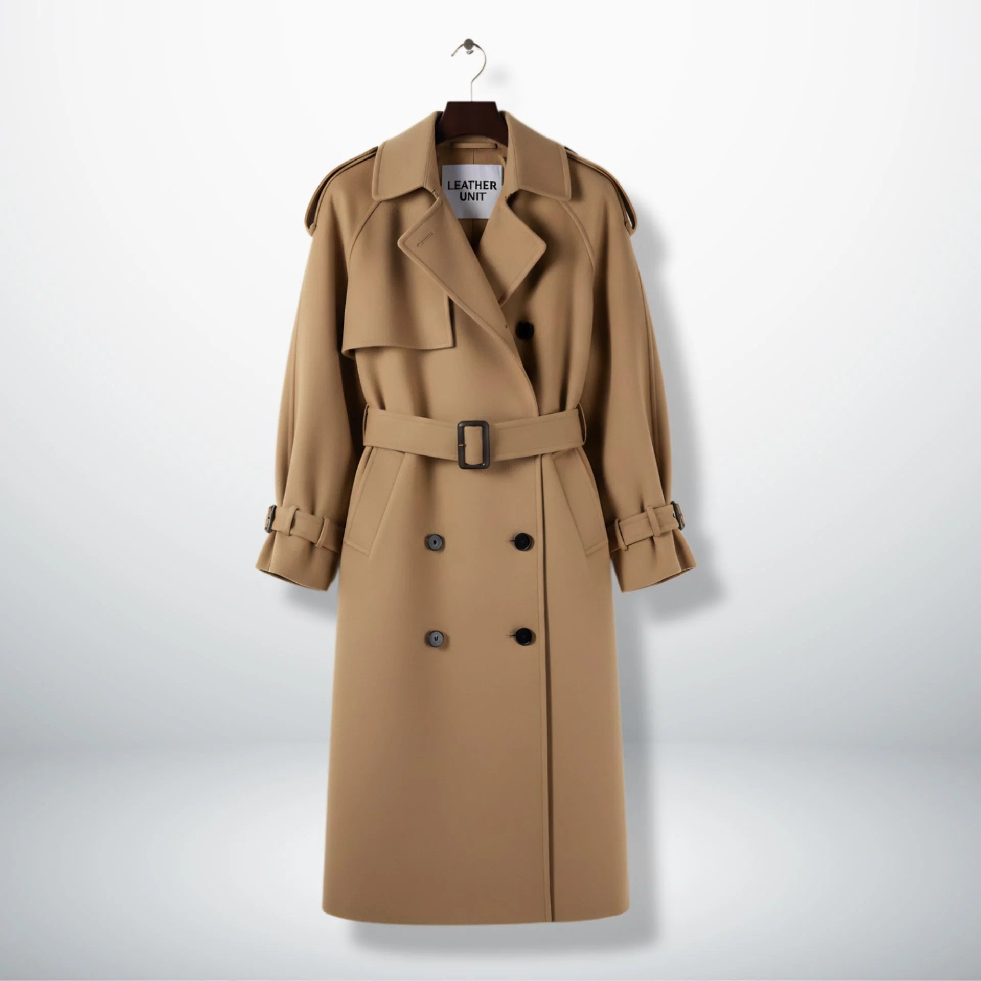 Front view of women’s camel wool double breasted trench coat by Leather Unit