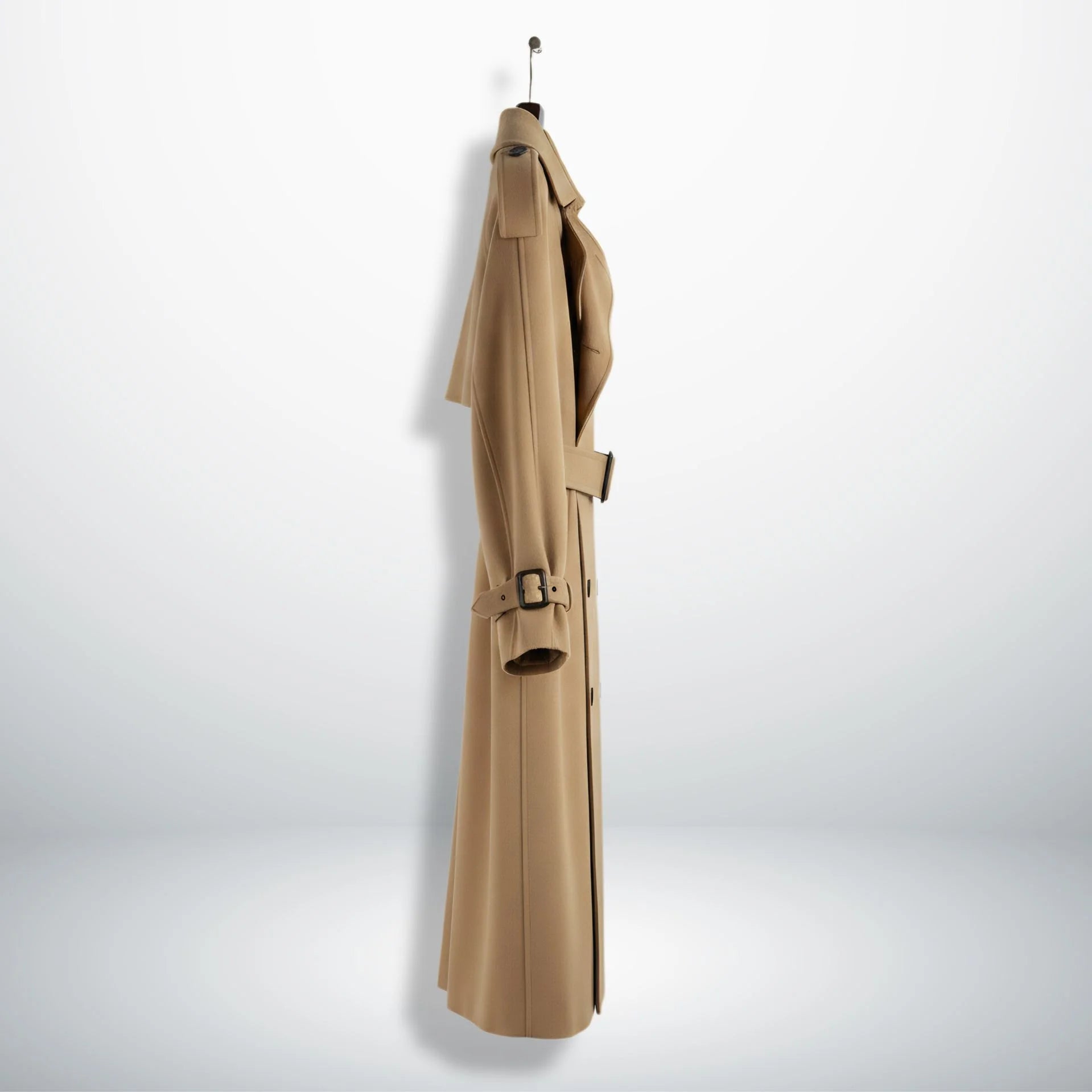 Side profile of full‑length camel wool trench coat for women