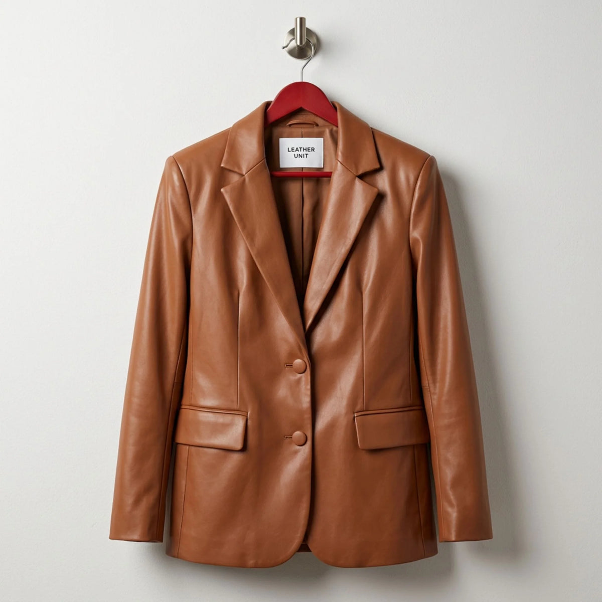 Front view of women’s cognac brown leather blazer jacket by Leather Unit