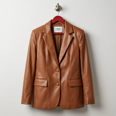 Front view of women’s cognac brown leather blazer jacket by Leather Unit
