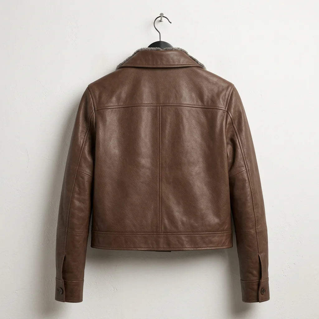 Back view of women’s dark brown leather jacket with hip length fit