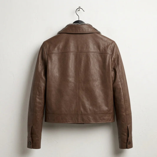 Back view of women’s dark brown leather jacket with hip length fit