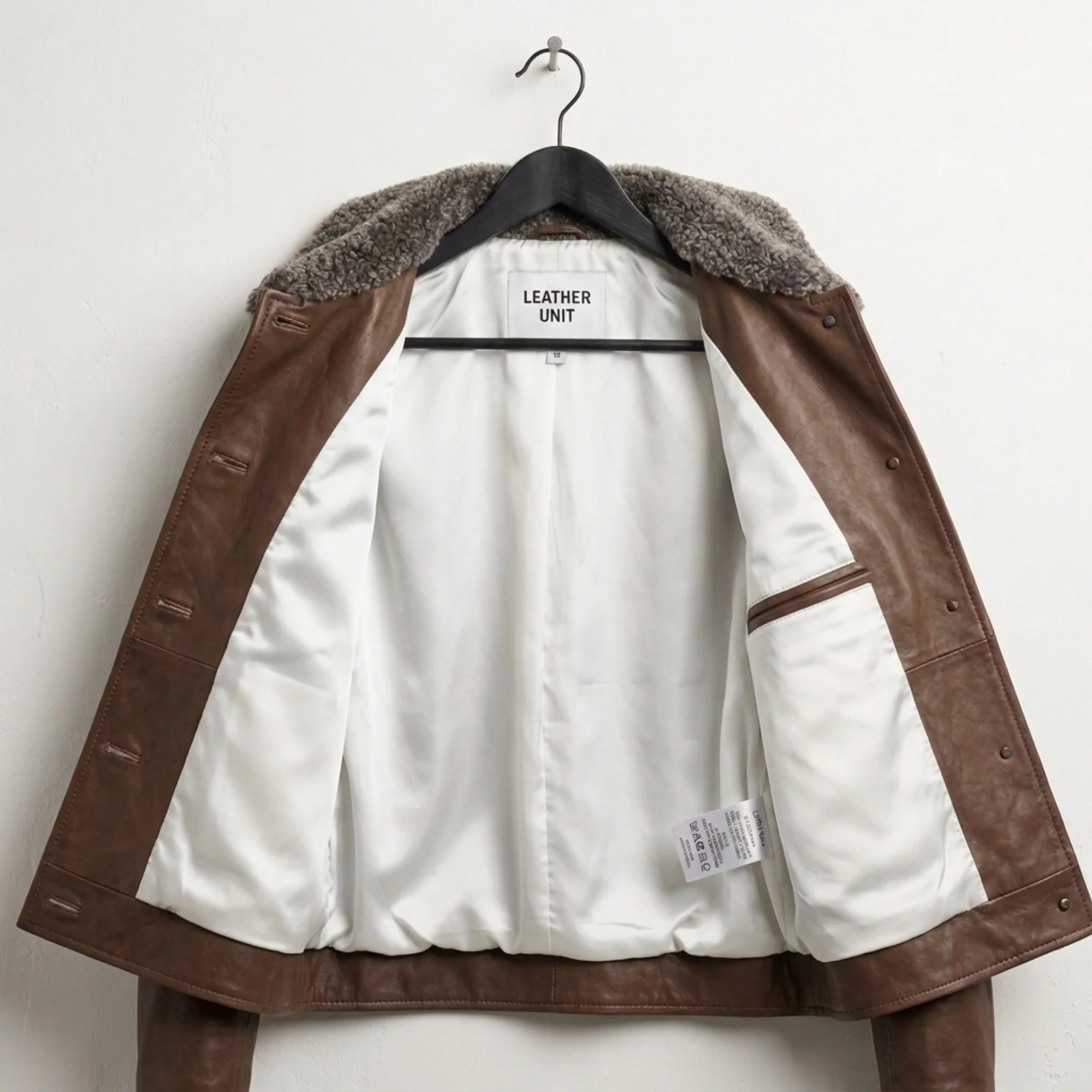 Interior white lining and inside pocket of women’s dark brown leather jacket