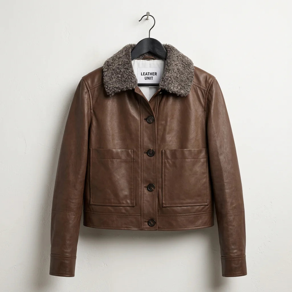 Front view of women’s dark brown leather jacket with shearling collar by Leather Unit