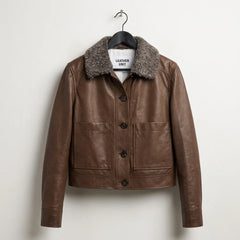 Front view of women’s dark brown leather jacket with shearling collar by Leather Unit