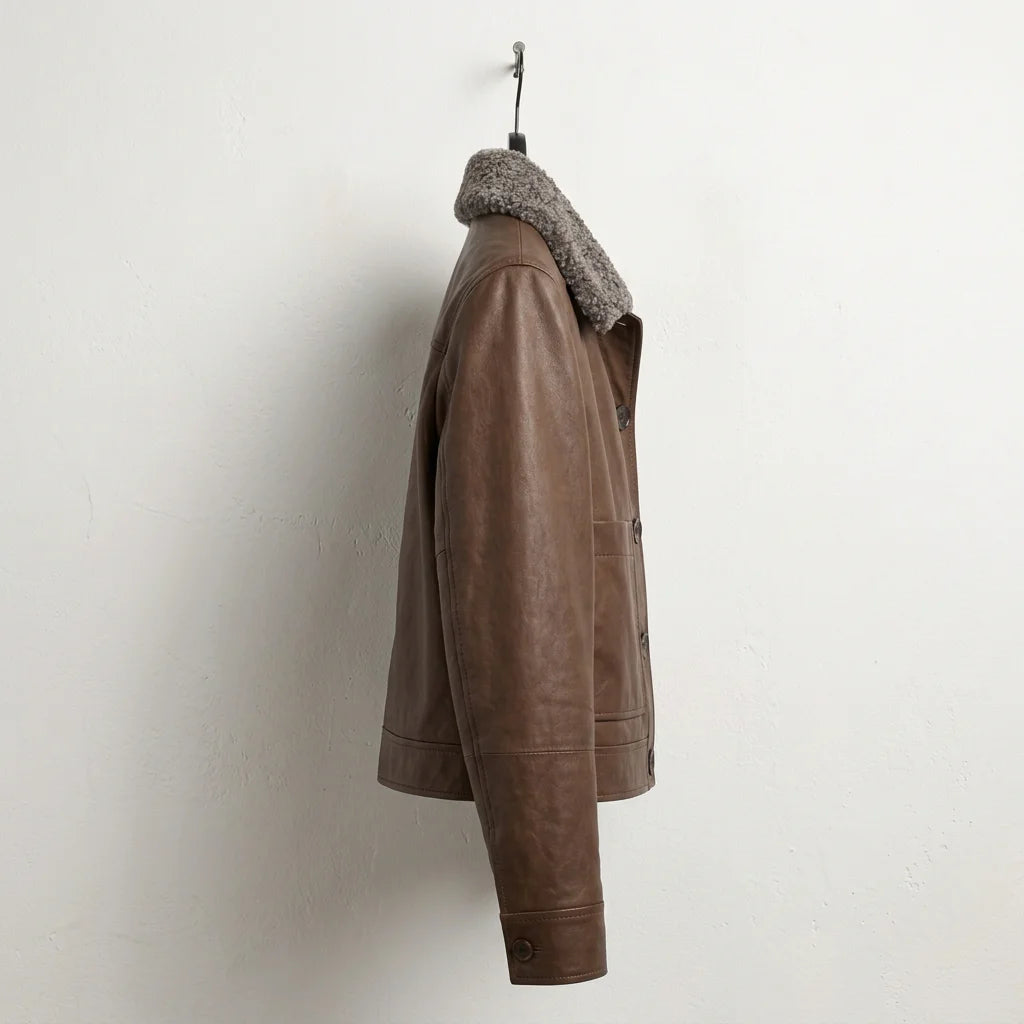 Side profile of women’s dark brown shearling collar leather jacket