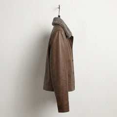 Side profile of women’s dark brown shearling collar leather jacket