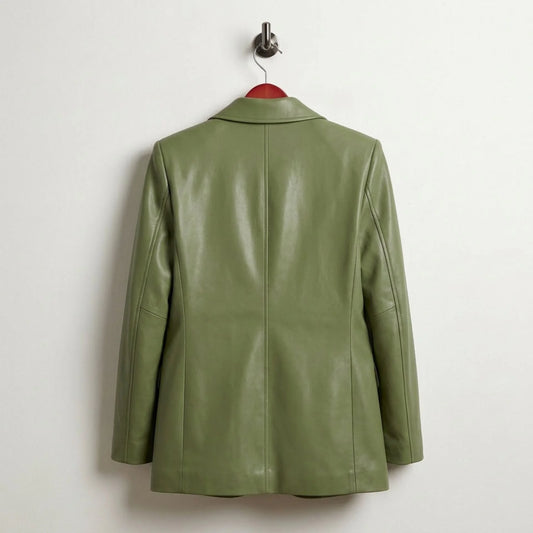 Back view of longline women’s green leather blazer jacket
