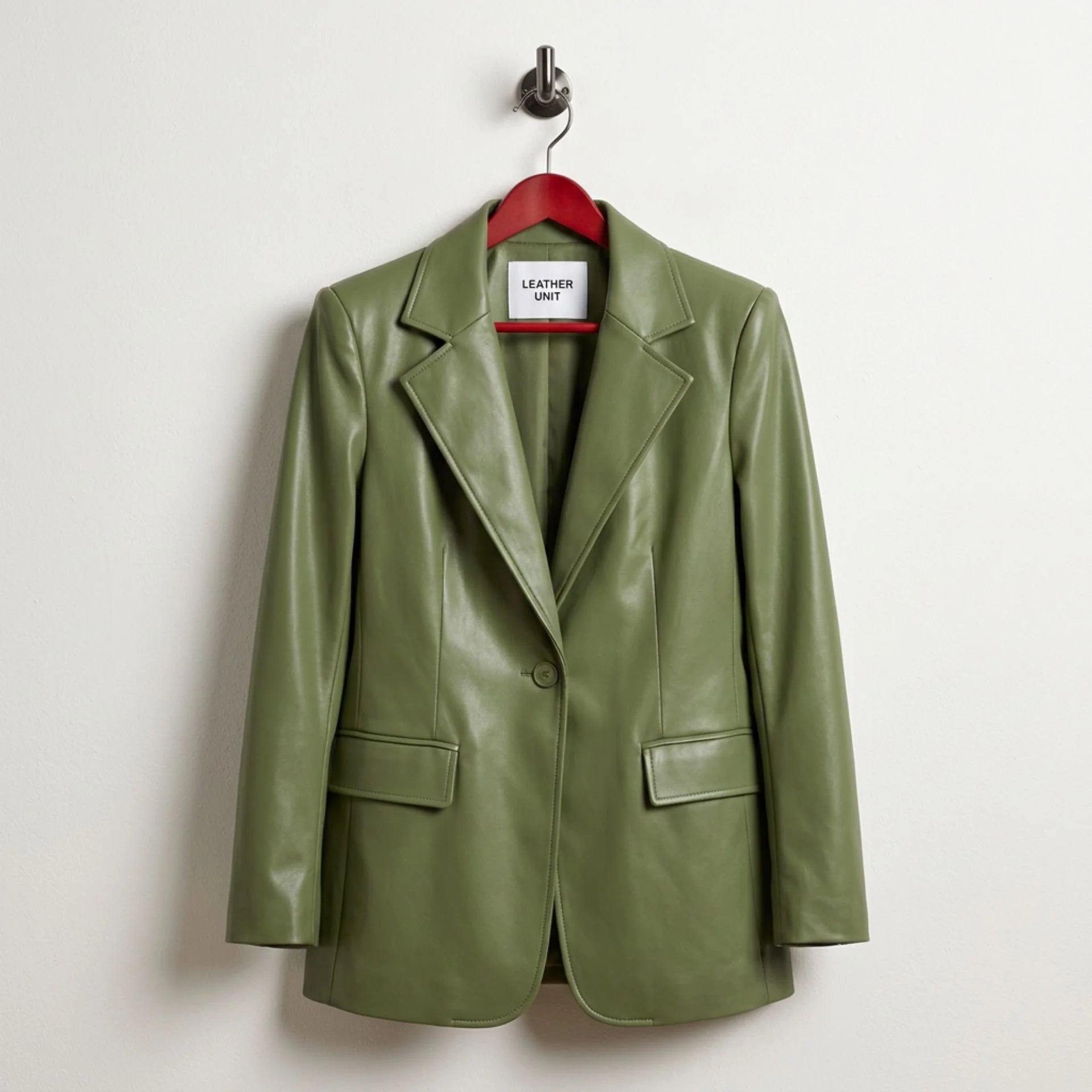 Front view of women’s verdant green leather blazer by Leather Unit