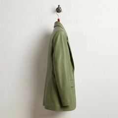 Side profile of tailored olive green leather blazer for women