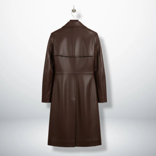 Back view of full length brown leather coat with storm flap and vent