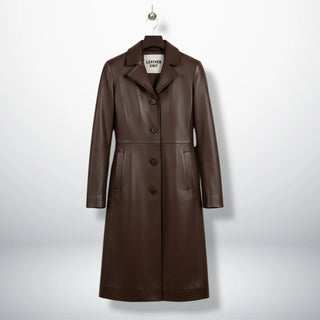 Front view of women’s long brown real leather coat by Leather Unit
