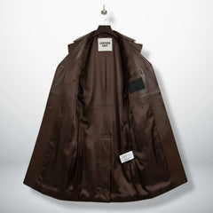 Inside view of fully lined chocolate brown leather coat for women