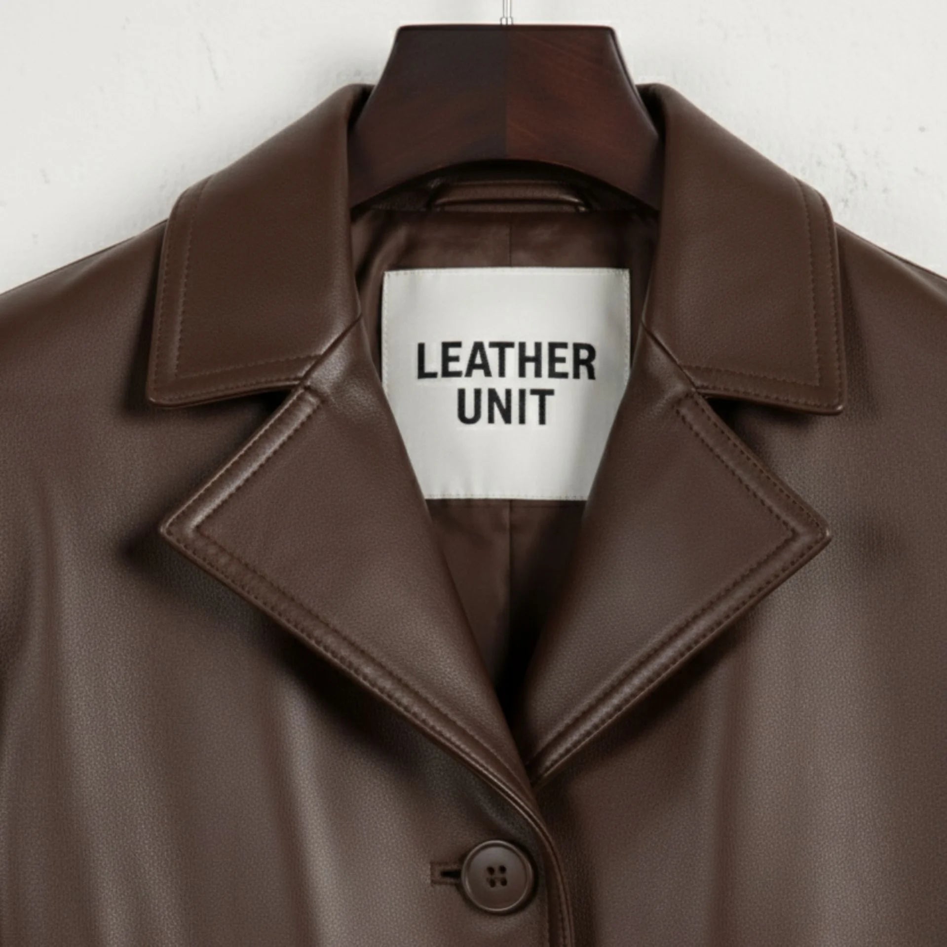 Close up of notch lapel and Leather Unit label on brown real leather coat