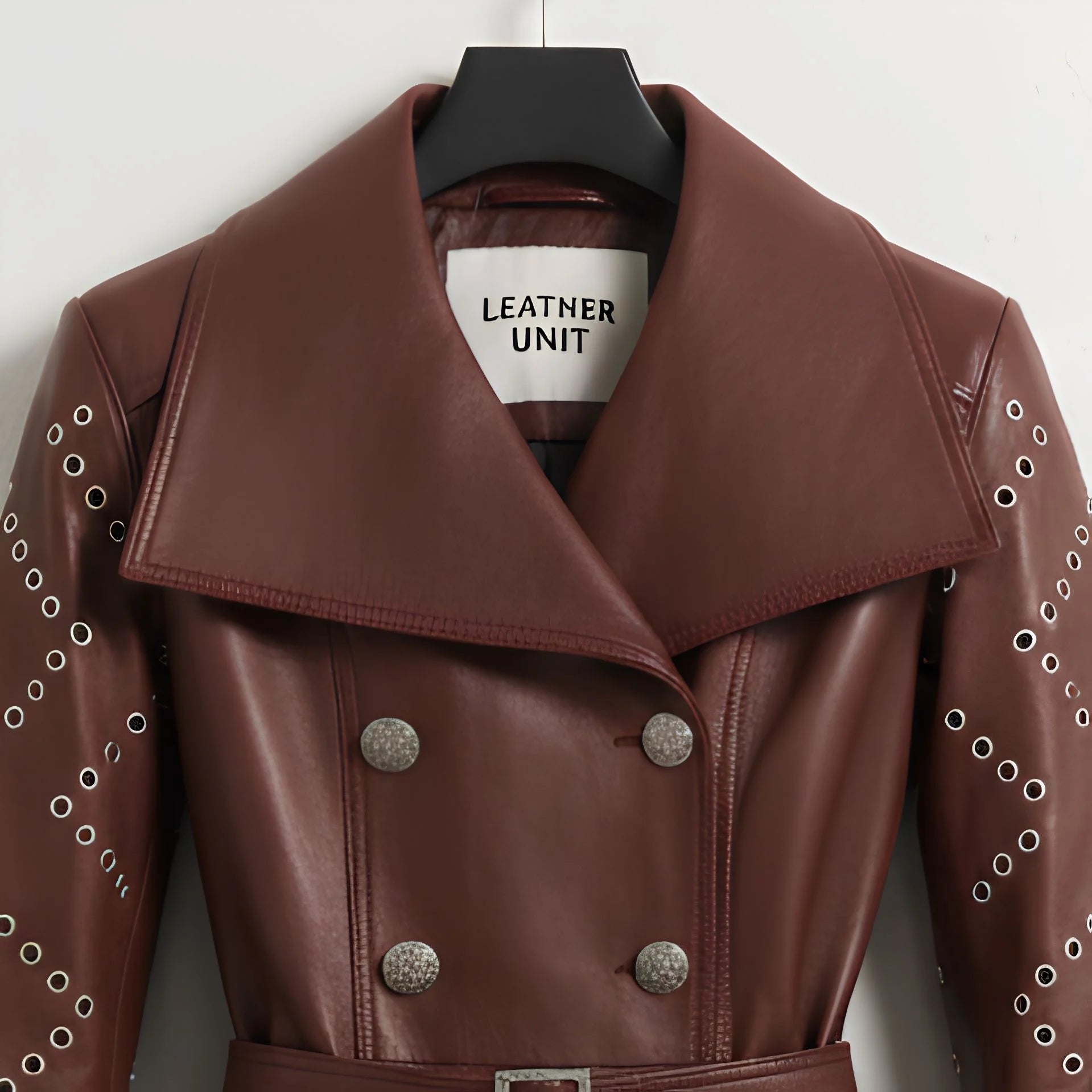 Close up of wide notch lapel collar and Leather Unit label on maroon trench