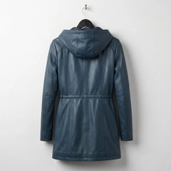 Back view of long navy blue leather hooded coat for women