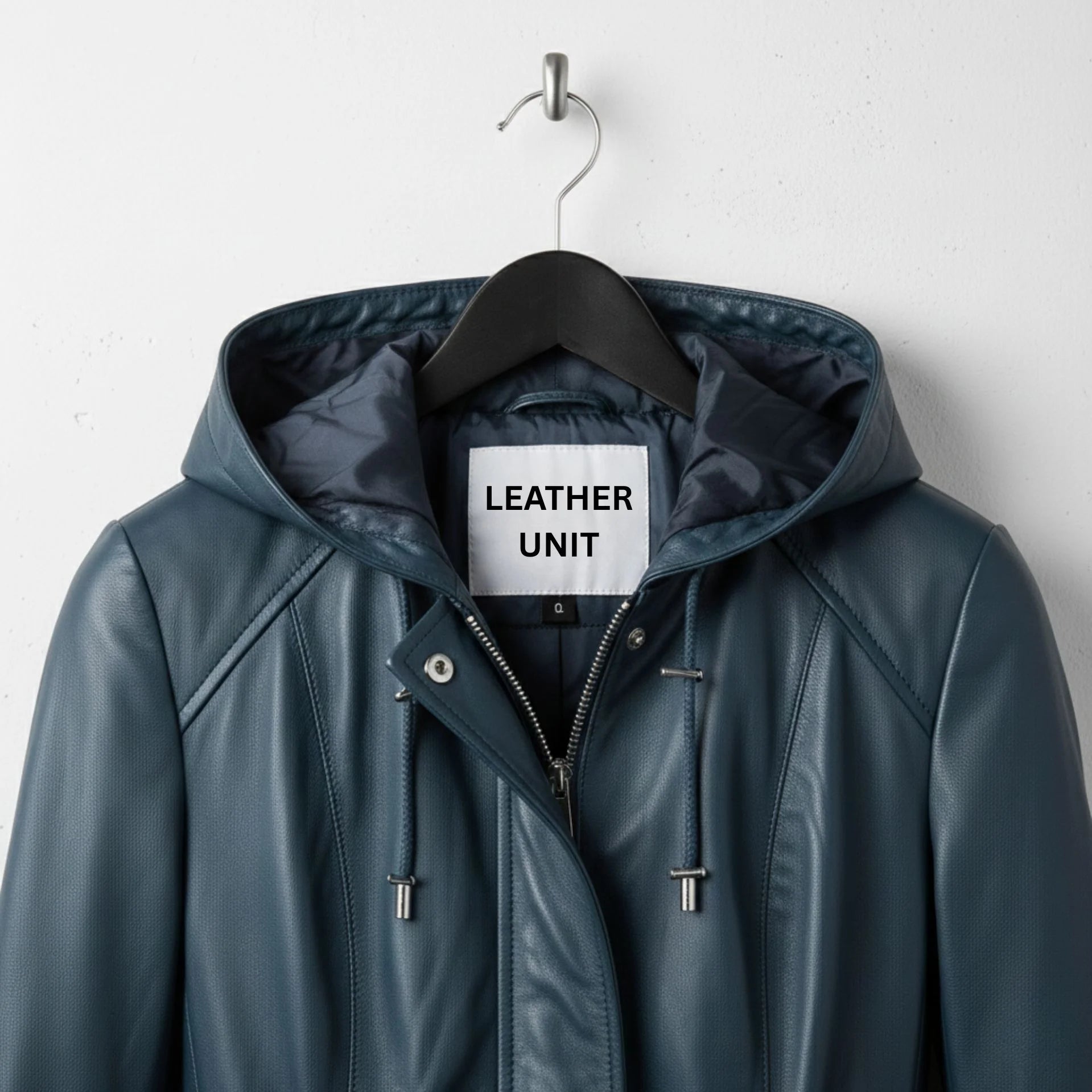 Close up of hood and Leather Unit label on navy leather coat